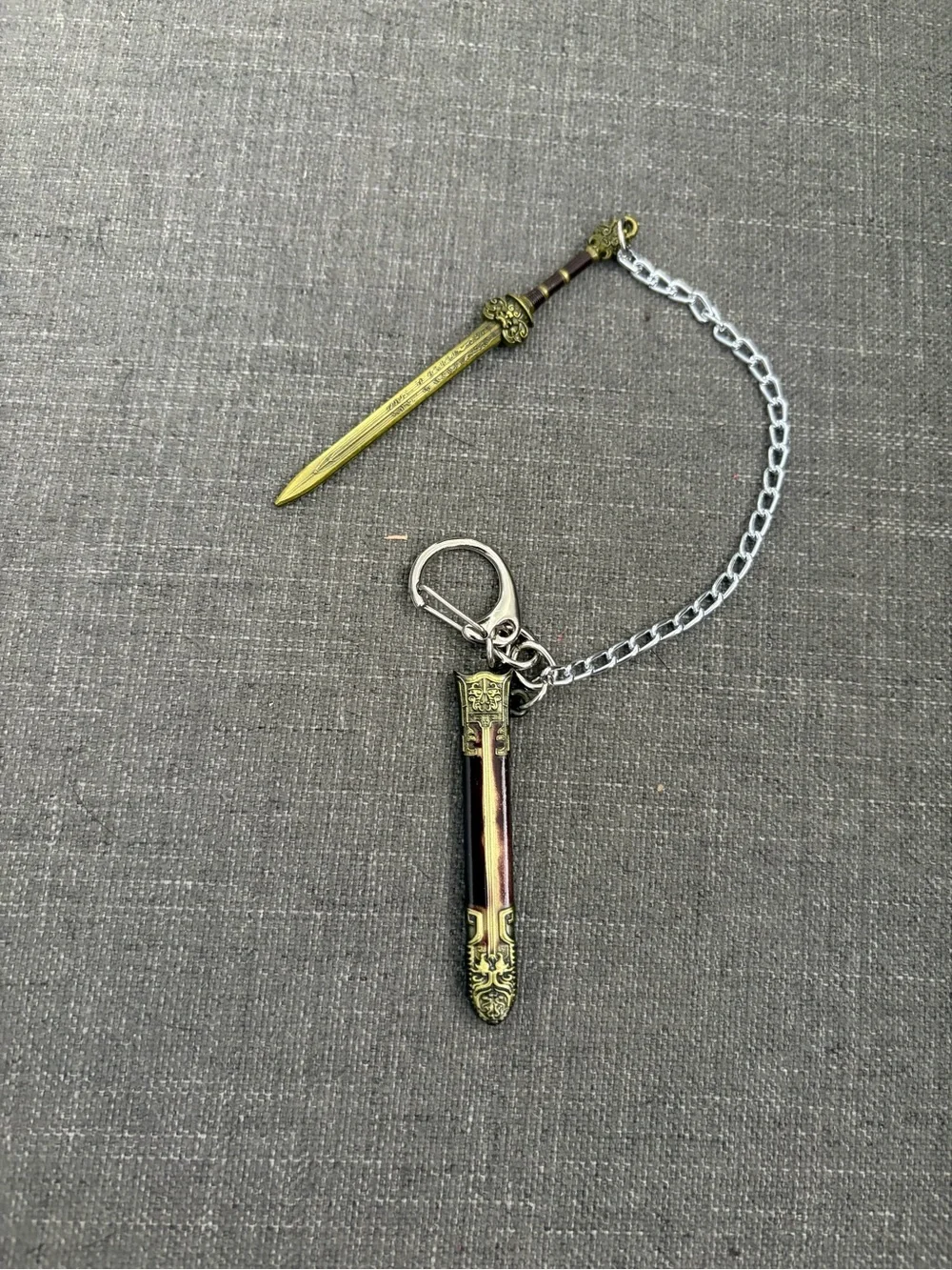 Mini Sword & Sheath Keychain Antique Gold Fantasy Medieval Style
